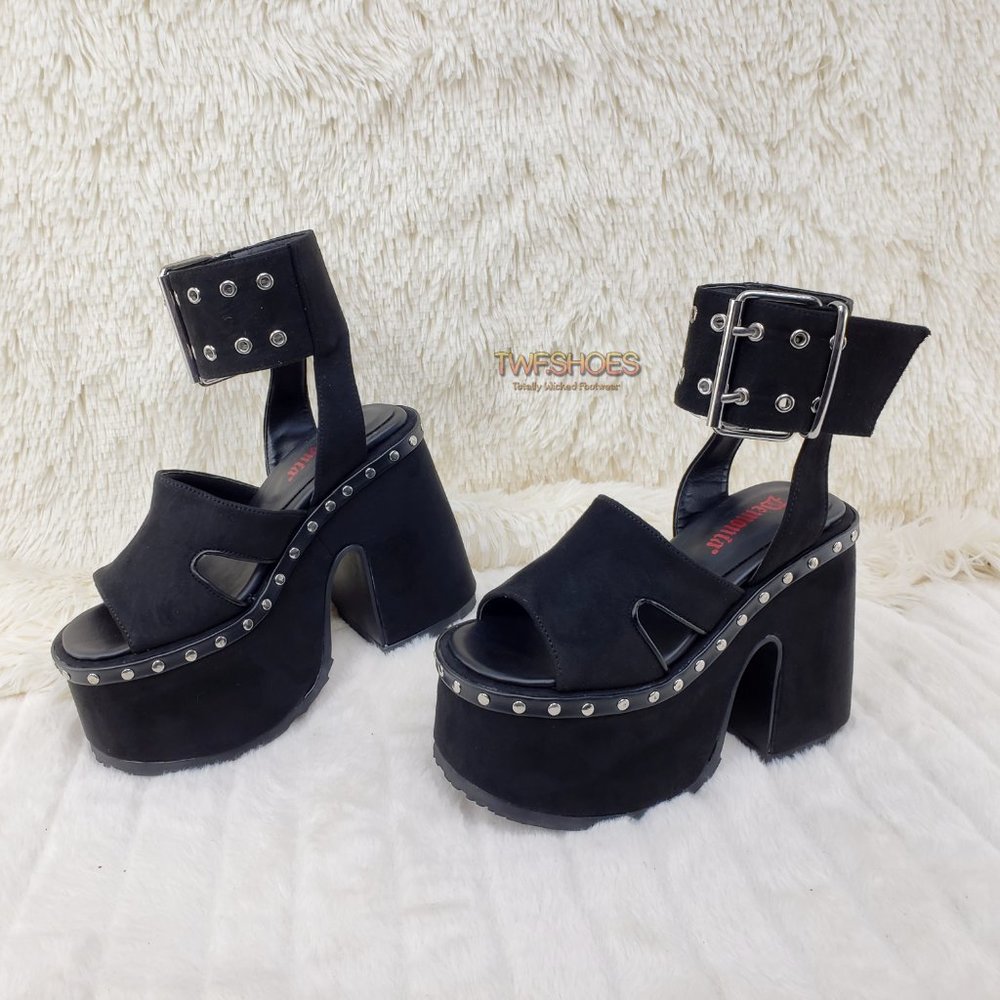 Camel 102 Stacked Black Velvet Platform Sandals Goth Punk Demonia Emo - Picture 9 of 10